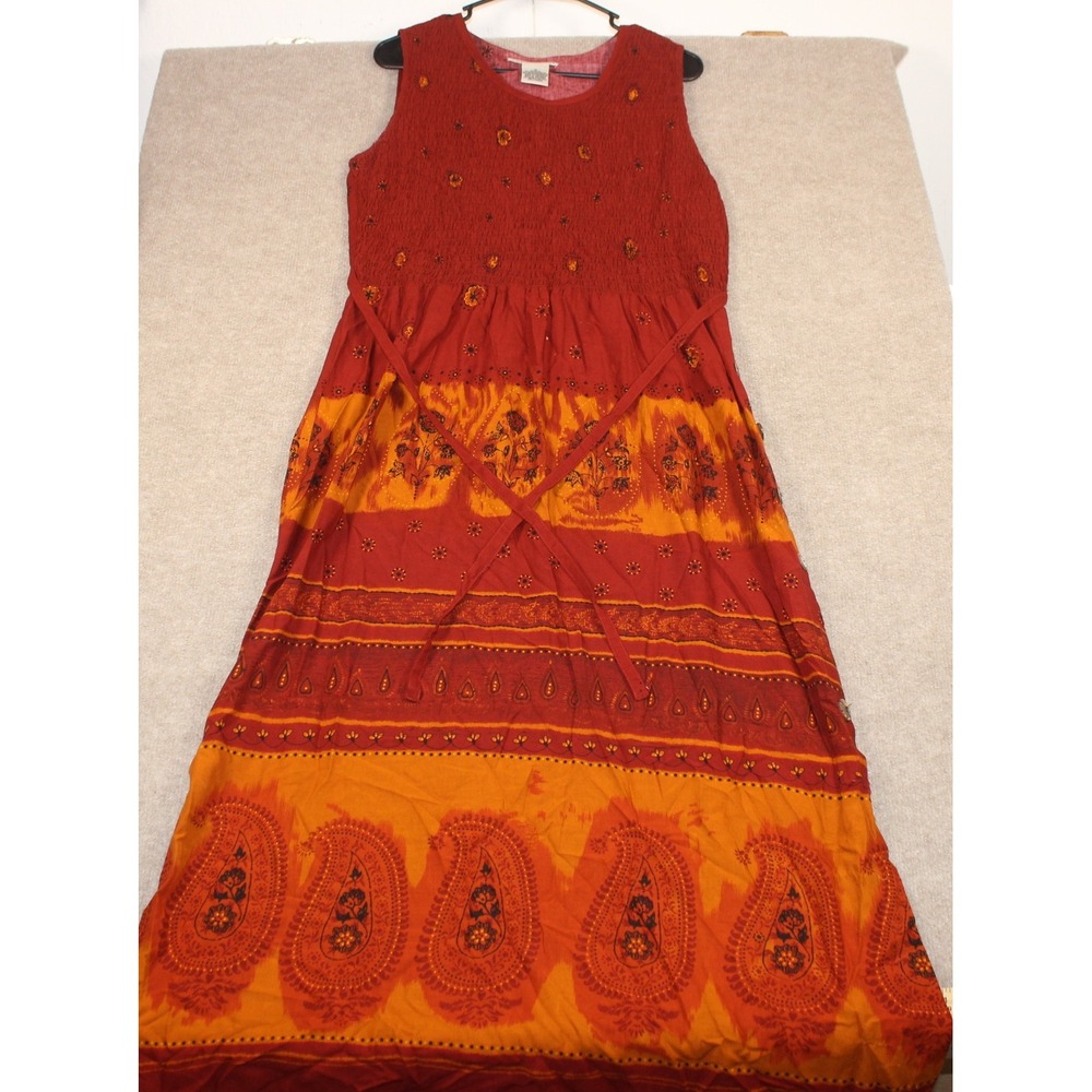 Madison Leigh Red Orange Paisley Smocked Maxi Dress Sleeveless Boho Size 10